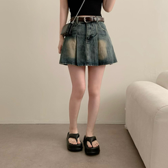 ミニスカート 【ベルト付き】プリーツデニムハイティーンスカート MID DENIM
