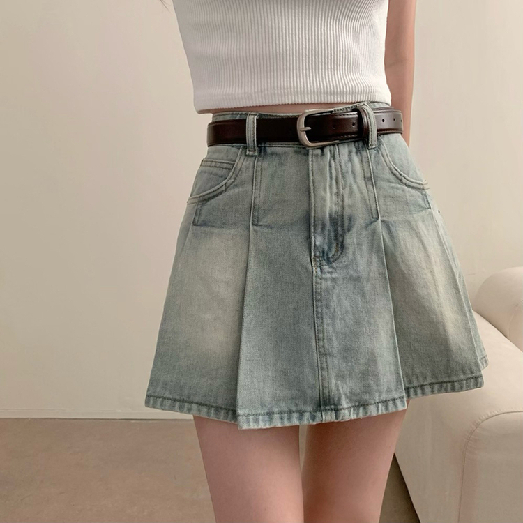 【ベルト付き】プリーツデニムハイティーンスカート LIGHT BLUE