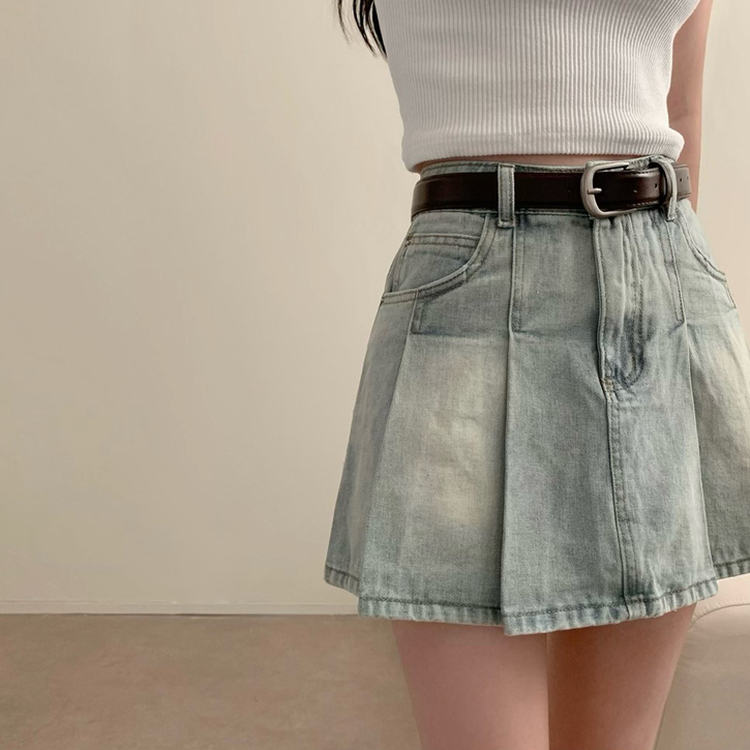 【ベルト付き】プリーツデニムハイティーンスカート LIGHT BLUE