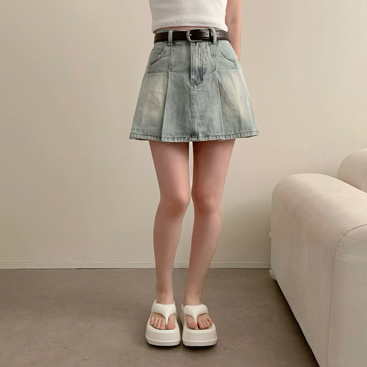 【ベルト付き】プリーツデニムハイティーンスカート LIGHT BLUE