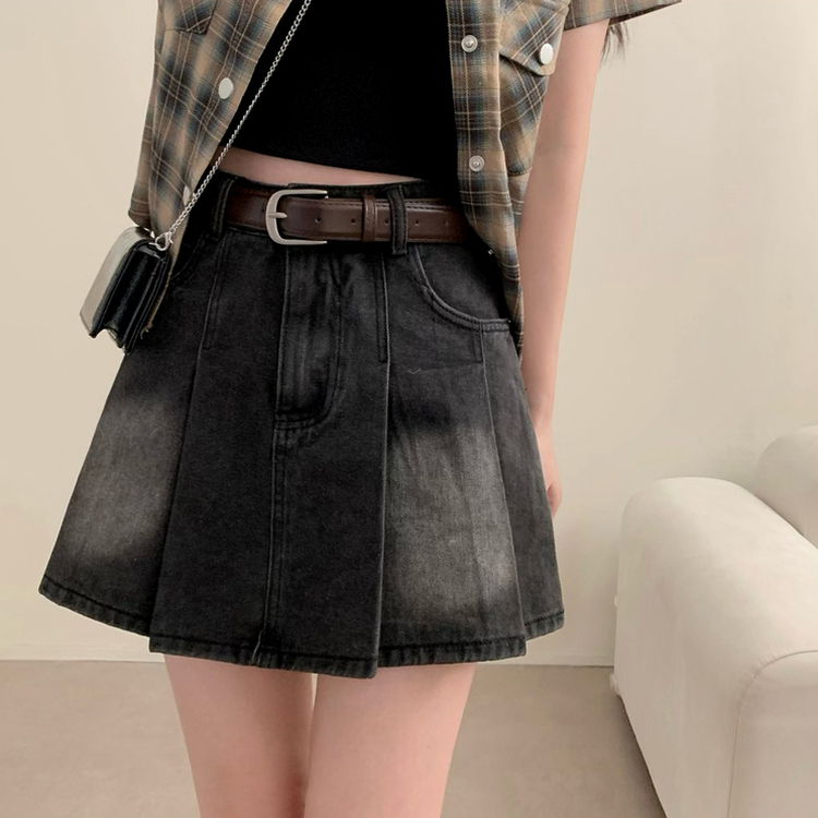 ミニスカート 【ベルト付き】プリーツデニムハイティーンスカート BLACK DENIM