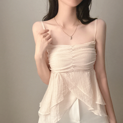 ブラウス 【タイ付き】フリルシャーリングキャミソール PINK BEIGE