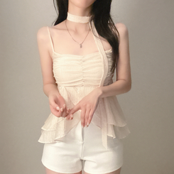 ブラウス 【タイ付き】フリルシャーリングキャミソール PINK BEIGE