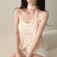 ブラウス 【タイ付き】フリルシャーリングキャミソール PINK BEIGE