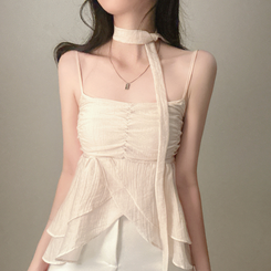 ブラウス 【タイ付き】フリルシャーリングキャミソール PINK BEIGE