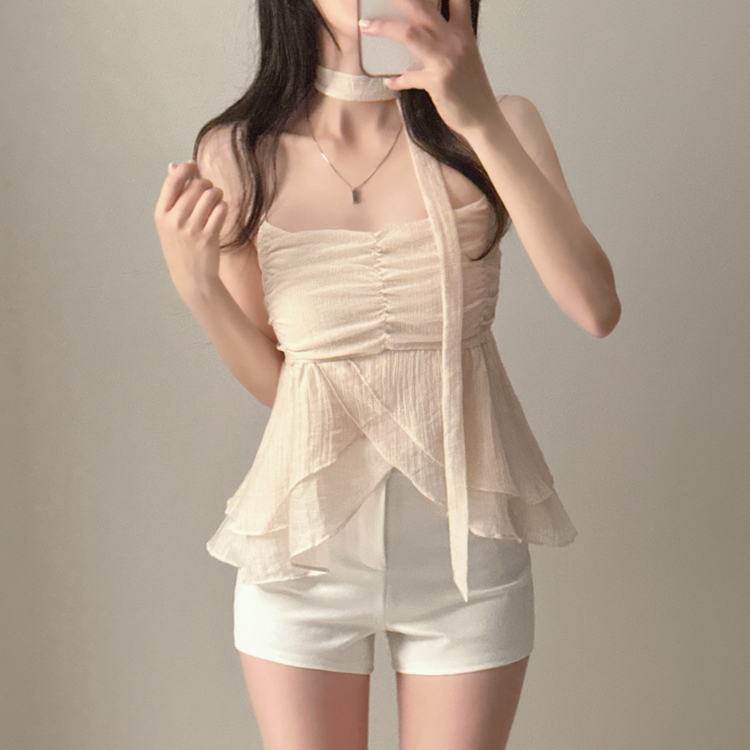 【タイ付き】フリルシャーリングキャミソール PINK BEIGE