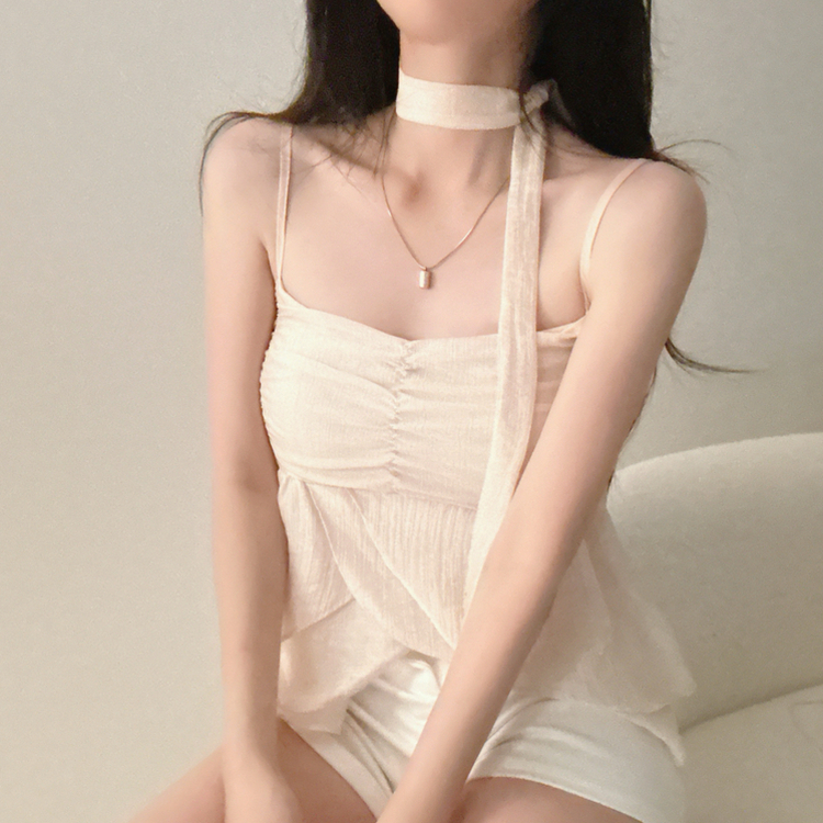 【タイ付き】フリルシャーリングキャミソール PINK BEIGE