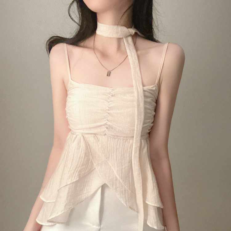 【タイ付き】フリルシャーリングキャミソール PINK BEIGE