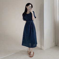 ロングワンピース ステッチリネン半袖ロングワンピース NAVY