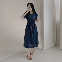 ロングワンピース ステッチリネン半袖ロングワンピース NAVY