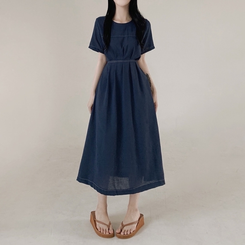 ロングワンピース ステッチリネン半袖ロングワンピース NAVY