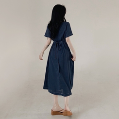 ロングワンピース ステッチリネン半袖ロングワンピース NAVY