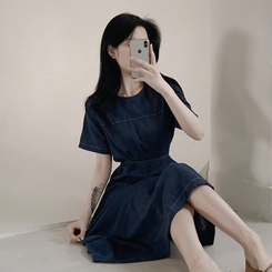 ロングワンピース ステッチリネン半袖ロングワンピース NAVY
