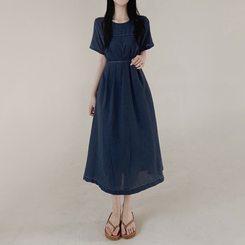 ロングワンピース ステッチリネン半袖ロングワンピース NAVY