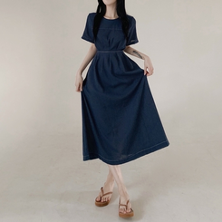 ロングワンピース ステッチリネン半袖ロングワンピース NAVY