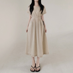 ロングワンピース ステッチリネン半袖ロングワンピース BEIGE