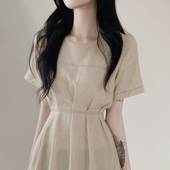 ロングワンピース ステッチリネン半袖ロングワンピース BEIGE