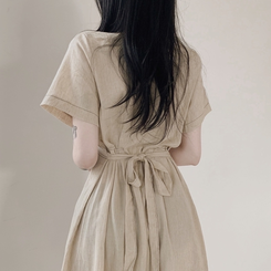 ロングワンピース ステッチリネン半袖ロングワンピース BEIGE