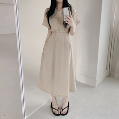 ロングワンピース ステッチリネン半袖ロングワンピース BEIGE