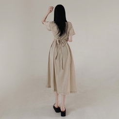 ロングワンピース ステッチリネン半袖ロングワンピース BEIGE