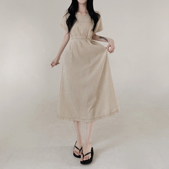ロングワンピース ステッチリネン半袖ロングワンピース BEIGE