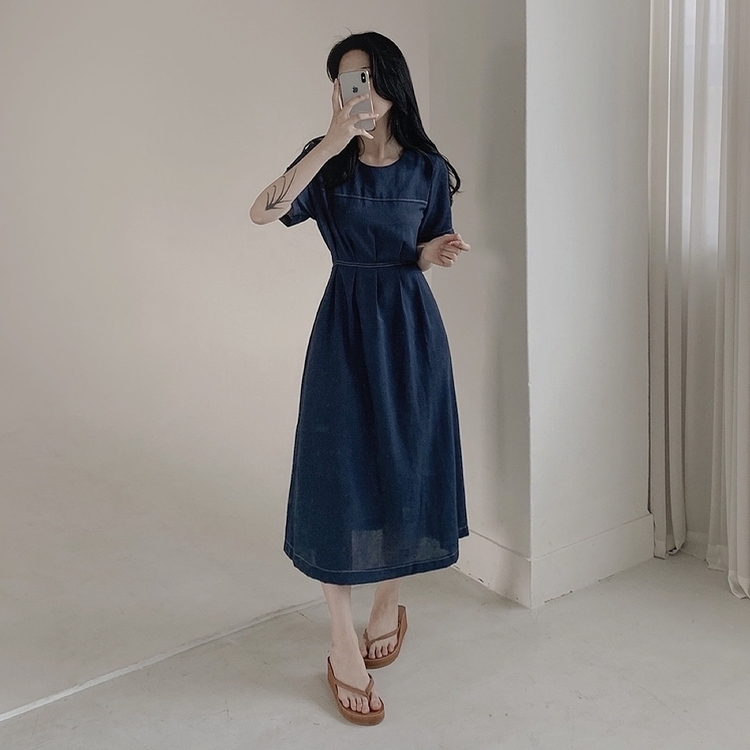 ステッチリネン半袖ロングワンピース NAVY