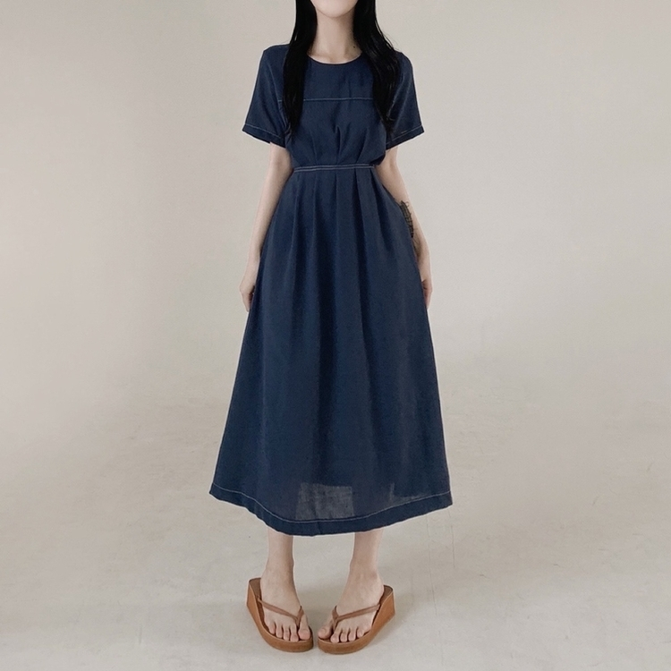 ステッチリネン半袖ロングワンピース NAVY
