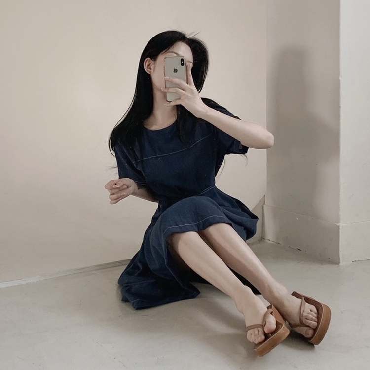 ロングワンピース ステッチリネン半袖ロングワンピース NAVY