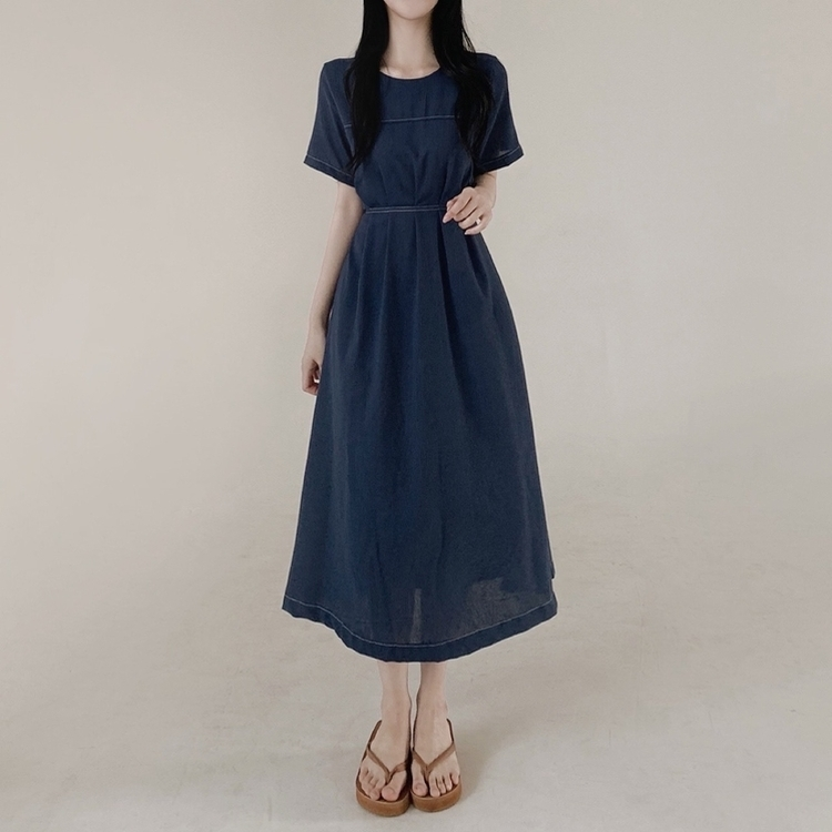 ステッチリネン半袖ロングワンピース NAVY