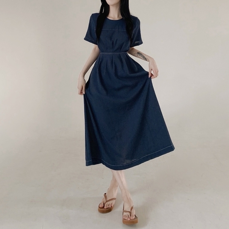 ステッチリネン半袖ロングワンピース NAVY