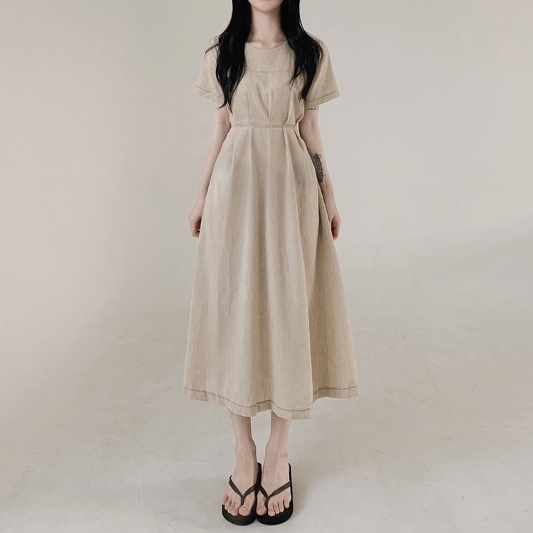 ステッチリネン半袖ロングワンピース BEIGE