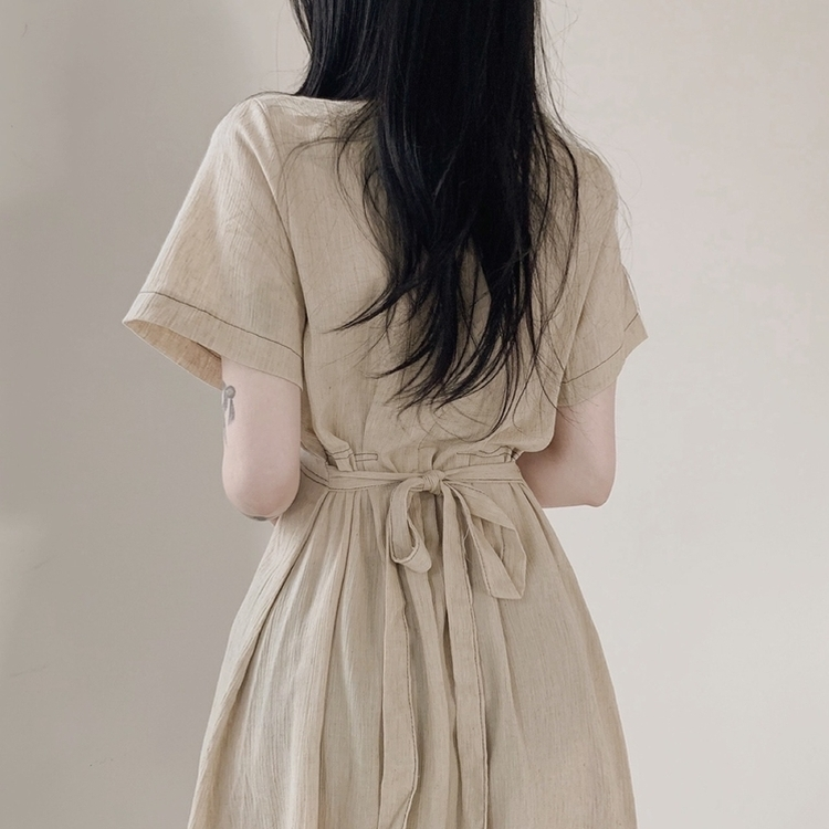 ステッチリネン半袖ロングワンピース BEIGE