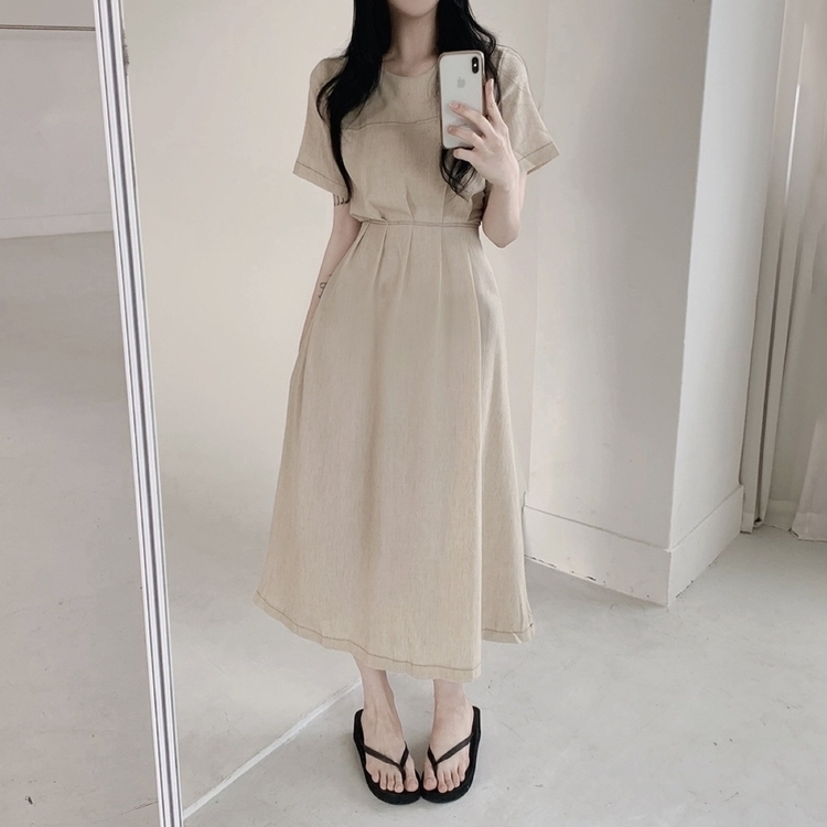 ステッチリネン半袖ロングワンピース BEIGE