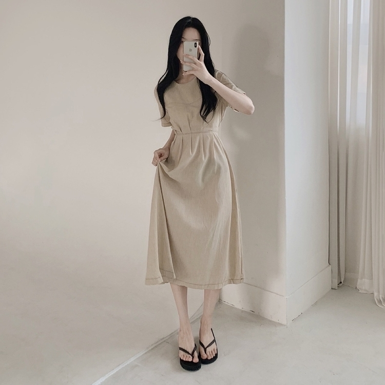 ステッチリネン半袖ロングワンピース BEIGE