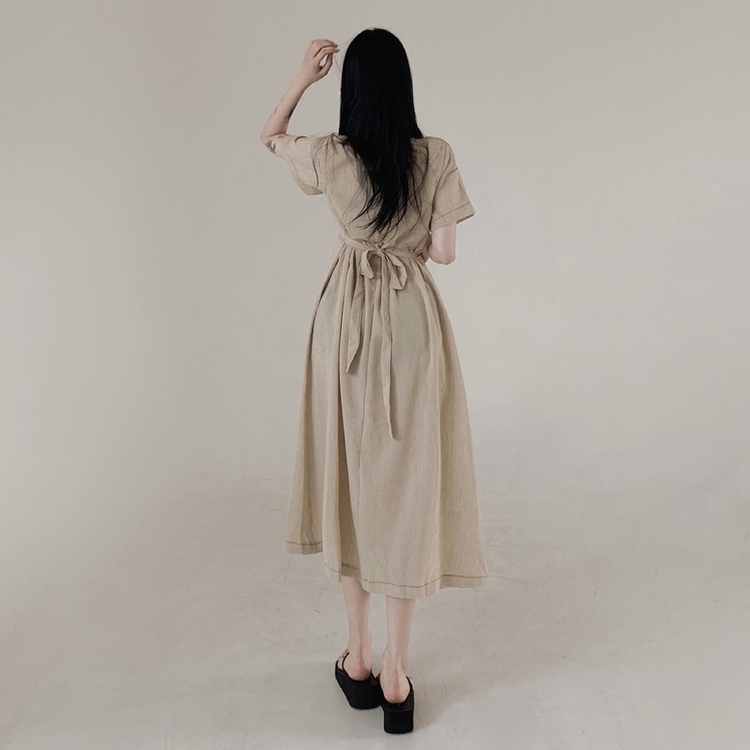 ステッチリネン半袖ロングワンピース BEIGE