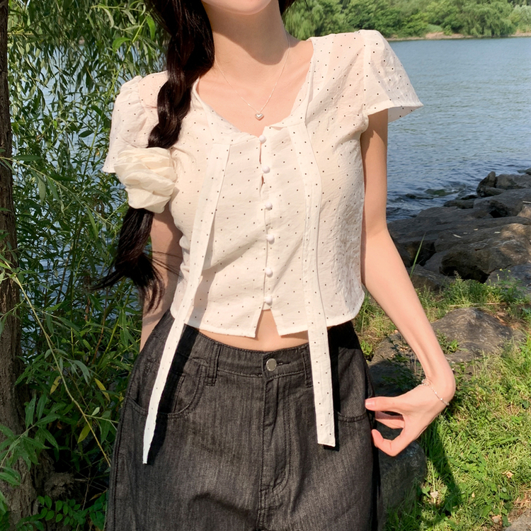ボタンリボンドットブラウス WHITE