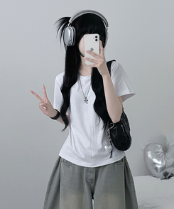 半袖Tシャツ 無地ラウンドセミクロップルーズ半袖Tシャツ WHITE