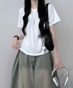 半袖Tシャツ 無地ラウンドセミクロップルーズ半袖Tシャツ WHITE