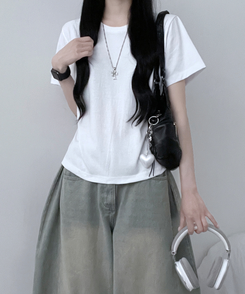 半袖Tシャツ 無地ラウンドセミクロップルーズ半袖Tシャツ WHITE