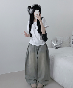 半袖Tシャツ 無地ラウンドセミクロップルーズ半袖Tシャツ WHITE