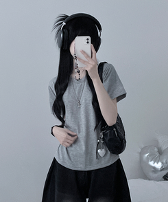 半袖Tシャツ 無地ラウンドセミクロップルーズ半袖Tシャツ GREY