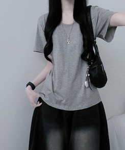 半袖Tシャツ 無地ラウンドセミクロップルーズ半袖Tシャツ GREY