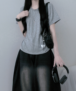 半袖Tシャツ 無地ラウンドセミクロップルーズ半袖Tシャツ GREY