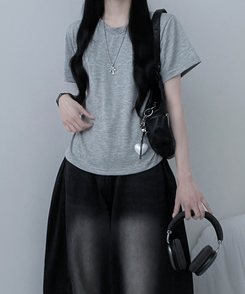 半袖Tシャツ 無地ラウンドセミクロップルーズ半袖Tシャツ GREY