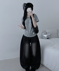 半袖Tシャツ 無地ラウンドセミクロップルーズ半袖Tシャツ GREY