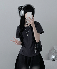 半袖Tシャツ 無地ラウンドセミクロップルーズ半袖Tシャツ CHARCOAL