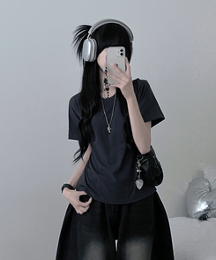 半袖Tシャツ 無地ラウンドセミクロップルーズ半袖Tシャツ CHARCOAL