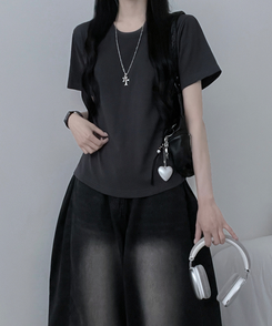 半袖Tシャツ 無地ラウンドセミクロップルーズ半袖Tシャツ CHARCOAL