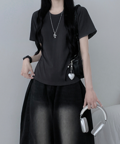 半袖Tシャツ 無地ラウンドセミクロップルーズ半袖Tシャツ CHARCOAL