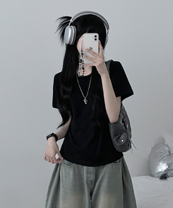 半袖Tシャツ 無地ラウンドセミクロップルーズ半袖Tシャツ BLACK